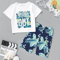 Boys Tropical Leaf & STAND OUT Graphic Print T-shirt & Shorts Set
