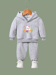 Sweet Kitty & Flower Print Girls Outfit For Sports - Spring/Fall