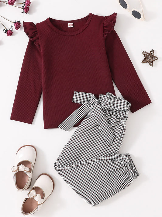 Girls Ruffle Top & Plaid Pant Set Kids Clothes