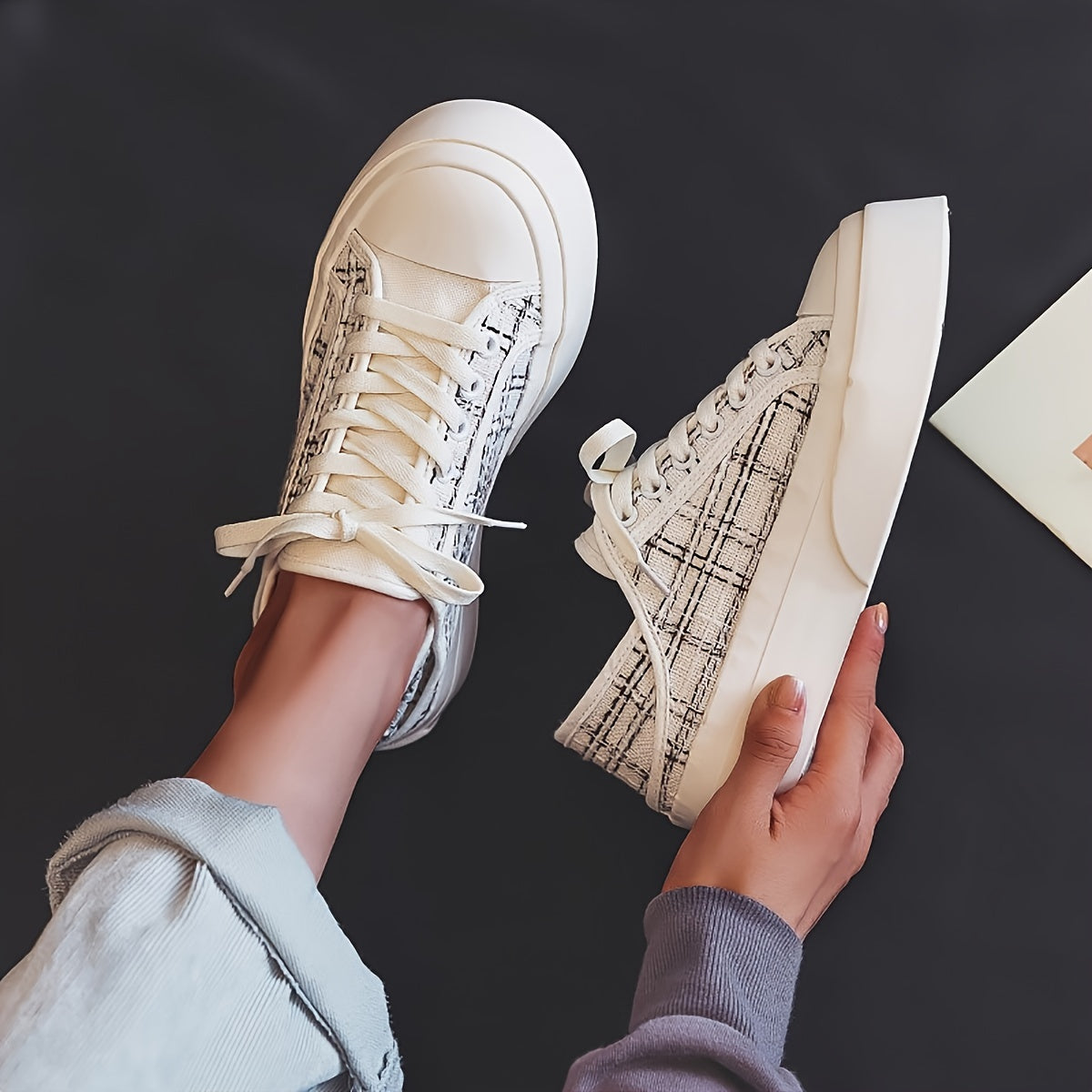Canvas Platform Sneakers Plaid Lace Up Shoes Women's Footwear