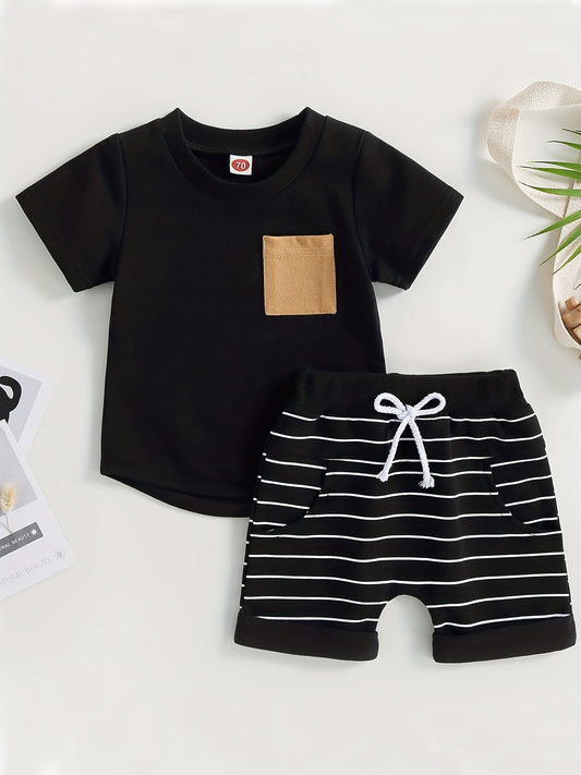 2pcs Baby Boys T shirt & Striped Shorts Set Casual Summer Clothes