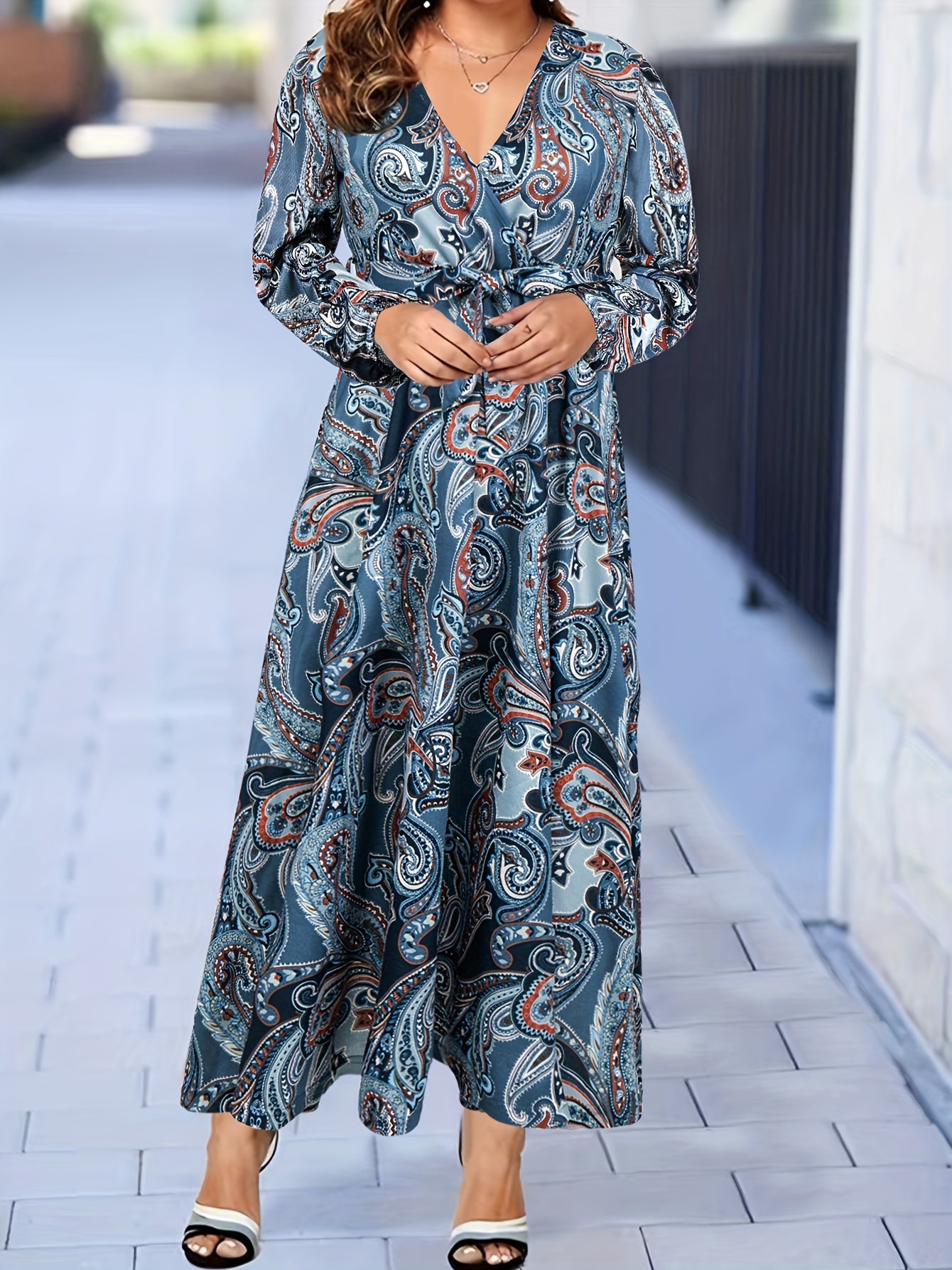  Boho Dress Women's Plus Paisley Print Long Sleeve Maxi Dress