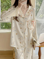 Smiling Face Print Lounge Set Long Sleeve Top & Ruffle Pants