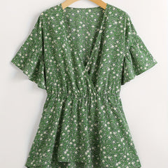 Boho Floral Print Butterfly Sleeve Surplice Neck Peplum Top