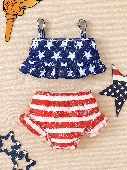 Girls Star Print Swimsuit Set with Cami Top & Ruffled Shorts