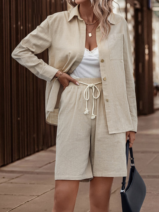 Solid Button Down Pantsuit Casual Two Piece Set