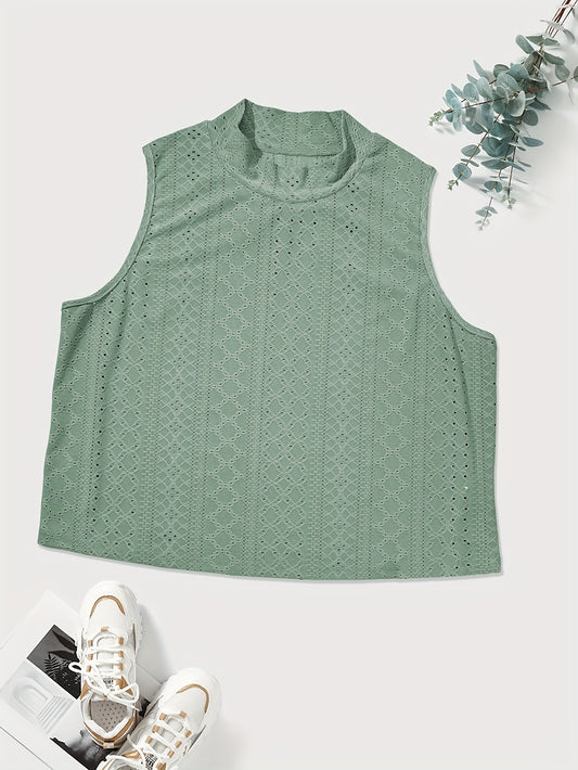  Solid Eyelet Embroidery Mock Neck Tank Top