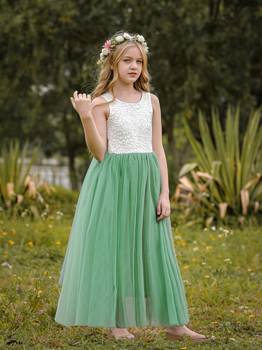 Girls Flower Lace Sleeveless Mesh Dress for Wedding Piano Performance