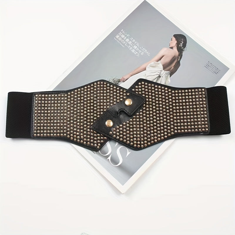 Rivet Decor Cross Belt Elastic PU Leather Wide Belt for Women