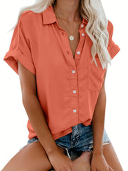  Solid Roll Up Batwing Sleeve Blouse