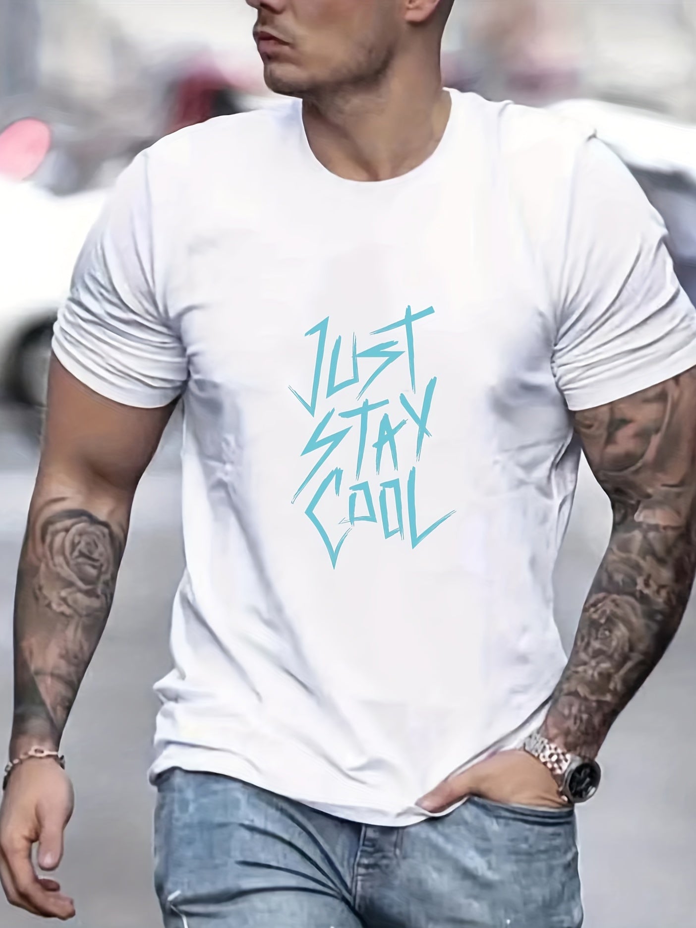 Just Stay Print Men's Graphic Crew Neck Active T shirt