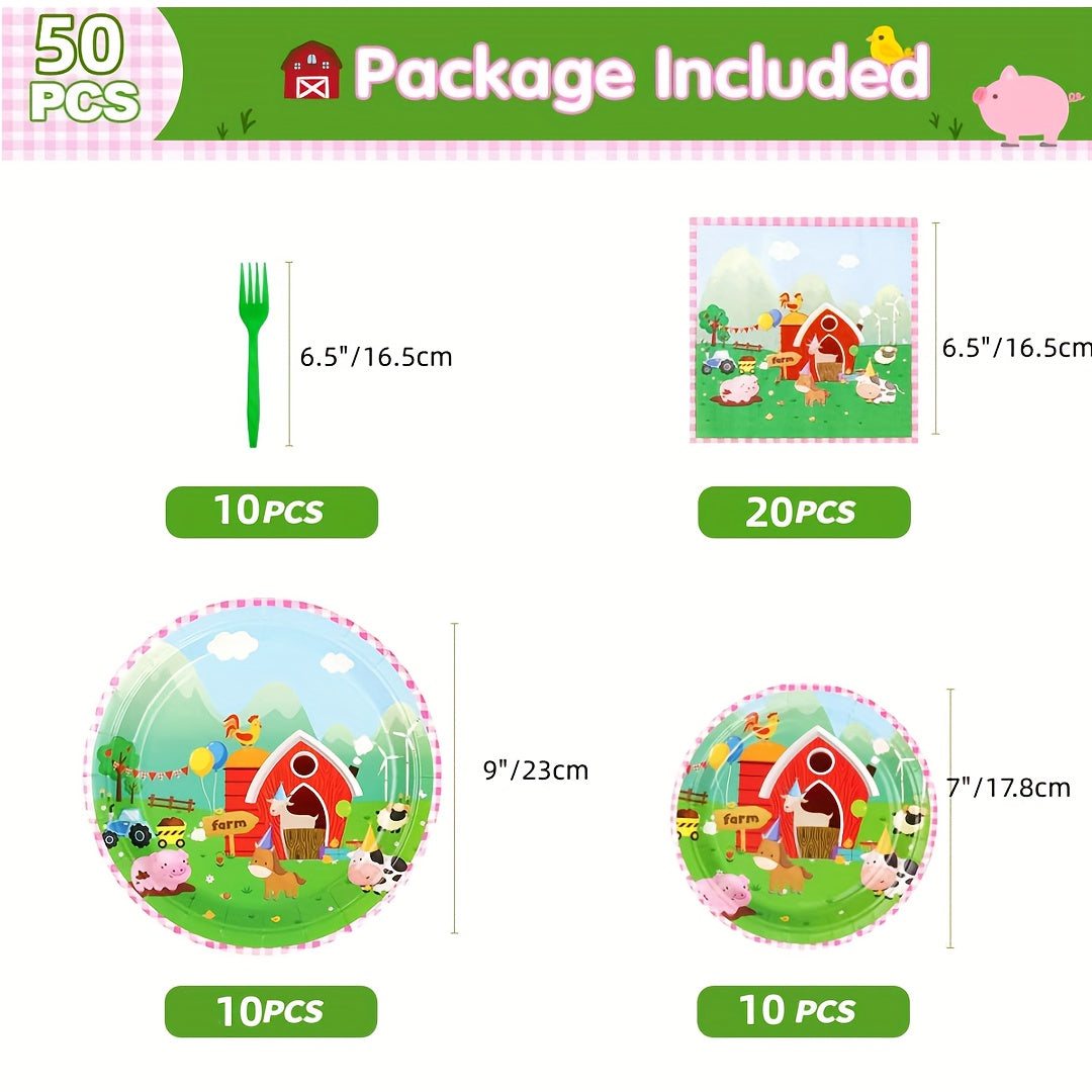 50pcs Farm Animals Party Supplies Barnyard Animals Birthday Tableware Set