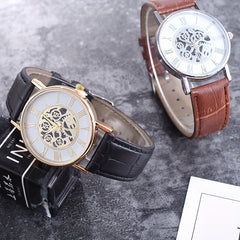 Leisure Couple Watch Roman Hollow Mechanical Quartz Leather Strap