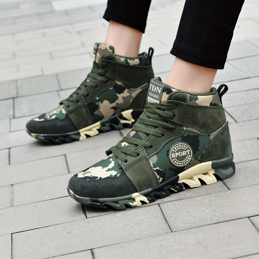 Camo Pattern High Top Wedge Sneakers Lightweight Lace-up Shoes