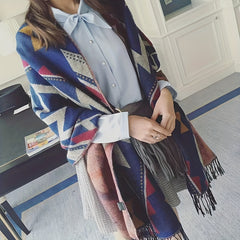 Boho Tassel Warm Scarf Geometric Print Thickened Windproof Large Shawl