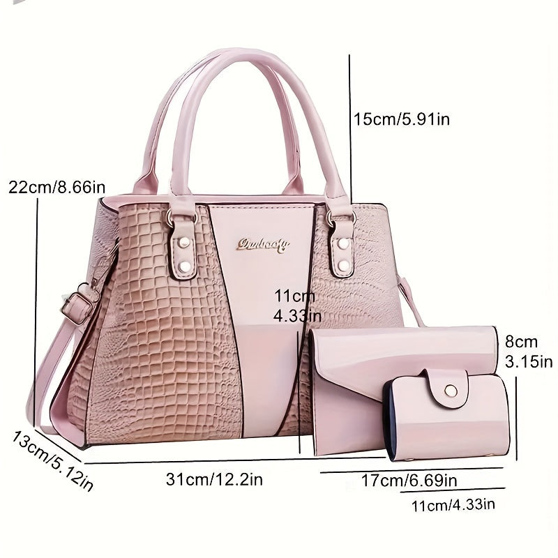 Crocodile Embossed 3pcs Handbag Set: Tote, Crossbody Bag & Card Holder