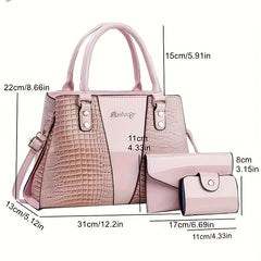 Crocodile Embossed 3pcs Handbag Set: Tote, Crossbody Bag & Card Holder