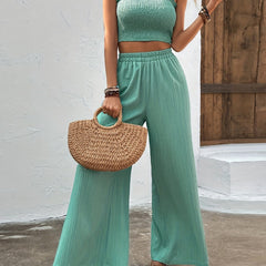 Casual Shirred Crop Tank Top & Wide Leg Pants Set