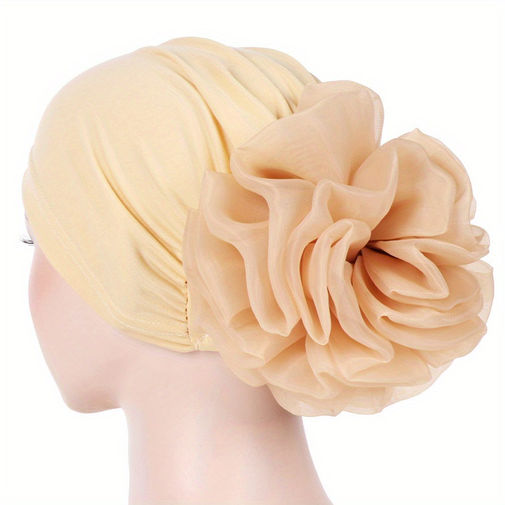 Satin Plate Flower Turban Cap Elastic Head Wrap Solid Ramadan Scarf for Women