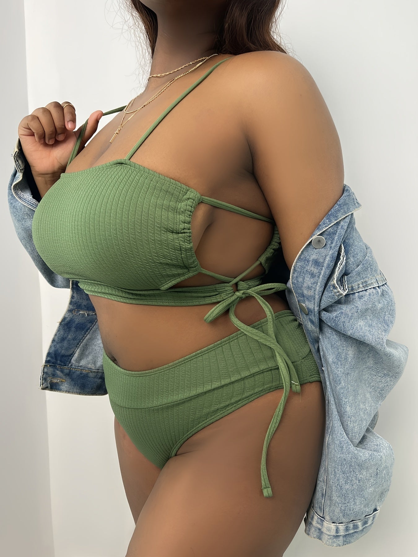 Solid Ribbed Side Knot Cut Out Bikini Set Plus