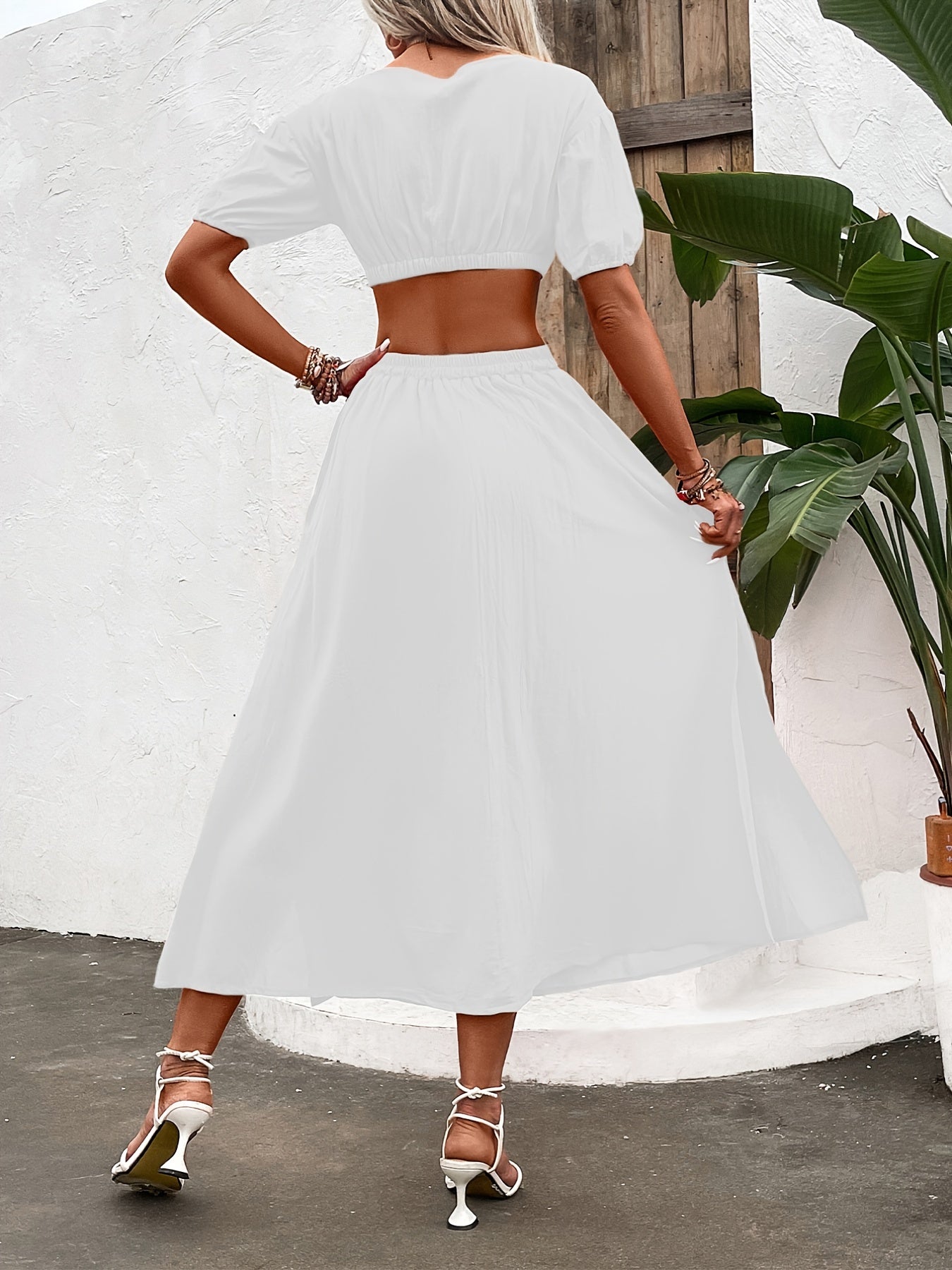 Solid Two Piece Set Crop Top & Split Skirt Outfit