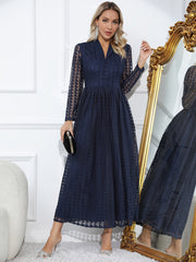  Solid Lace Houndstooth Dress Long Sleeve Lapel Collar Button Decor