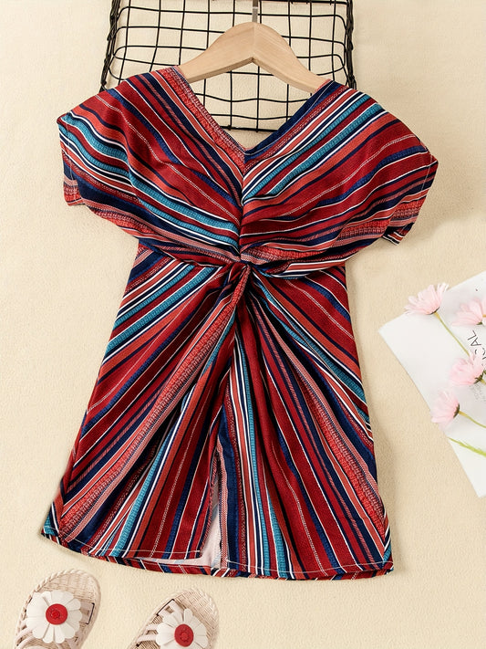 Girls Bohemian Style Dress Short Sleeve Striped V-neck Dress