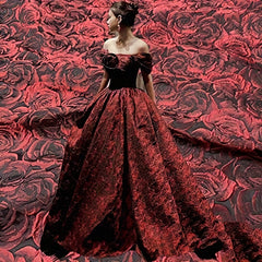 Embossed Deep Red 3D Rose Jacquard Fabric for DIY Sewing Women's Dress Suit Bags