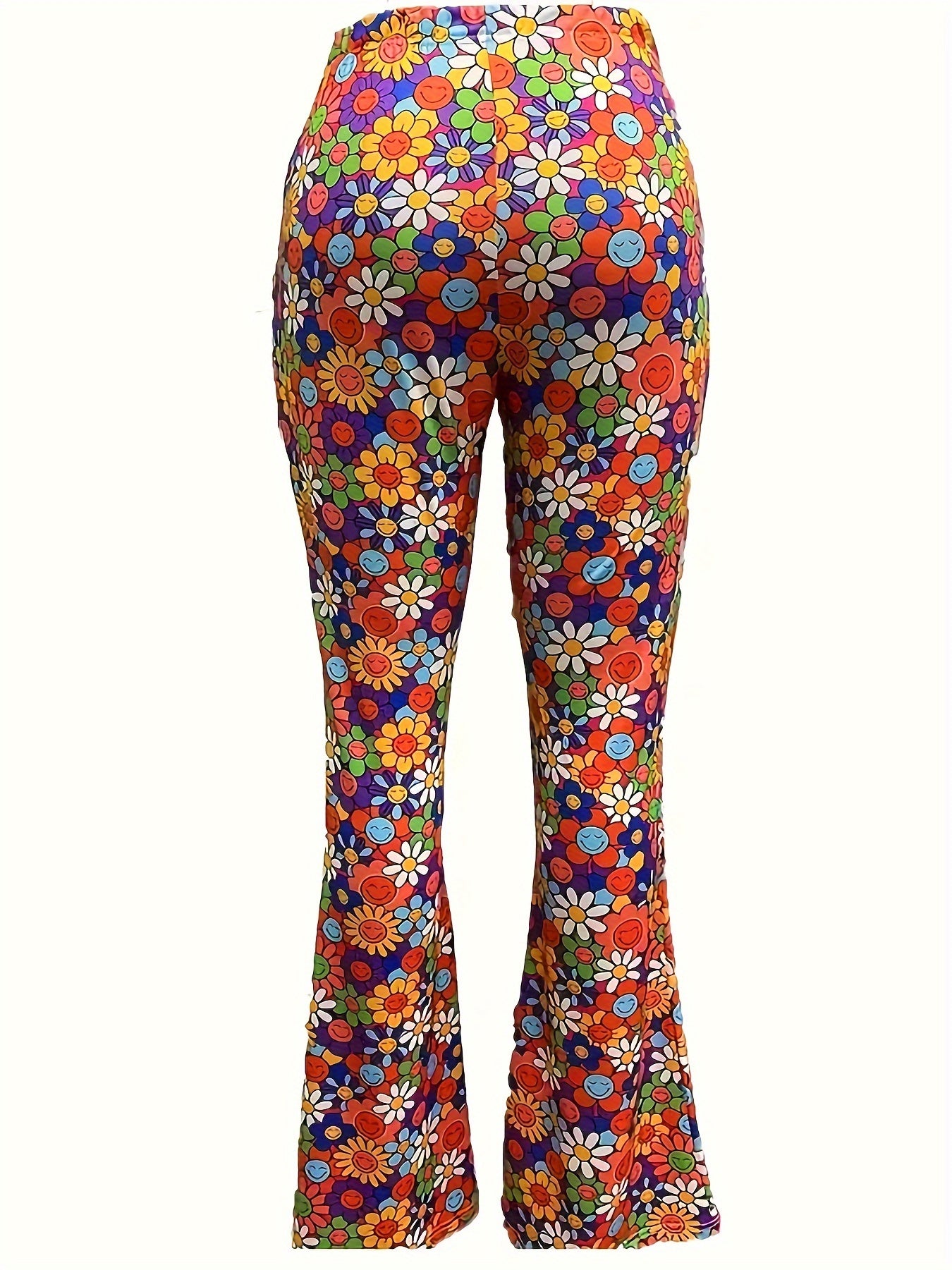 Floral Print Flared Leg Plus Size Pants Medium Stretch Trousers