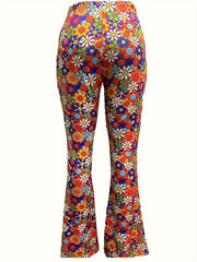 Floral Print Flared Leg Plus Size Pants Medium Stretch Trousers
