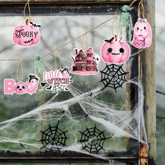 6 Pink Halloween Wooden Tree Ornaments Castle Ghost Pumpkin Wall Decor
