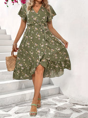Floral Print Knot Side Wrap Allover Dress