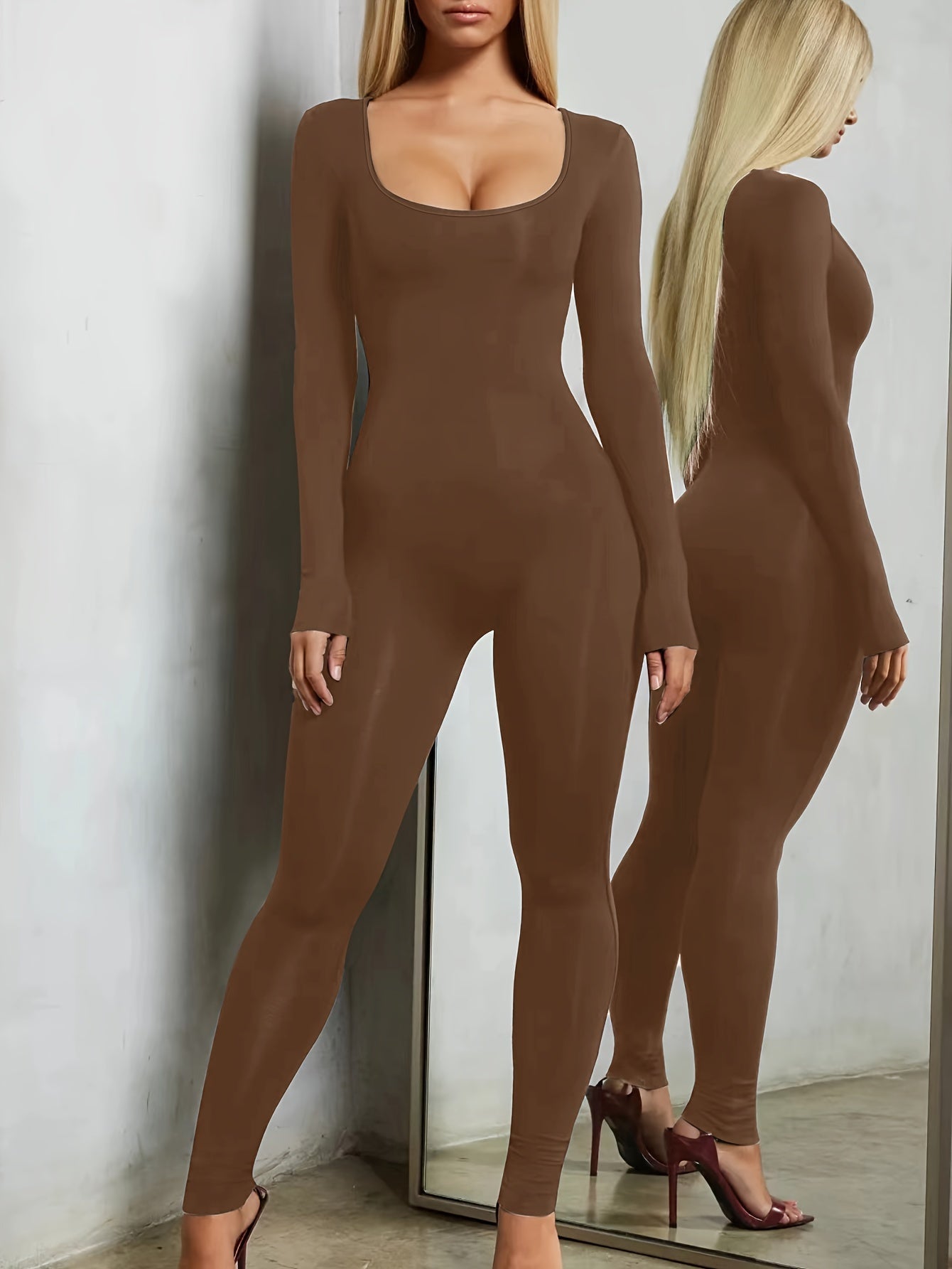 Long Sleeve Slim Fit Yoga Jumpsuit Bodycon Sports Solid Bodysuit