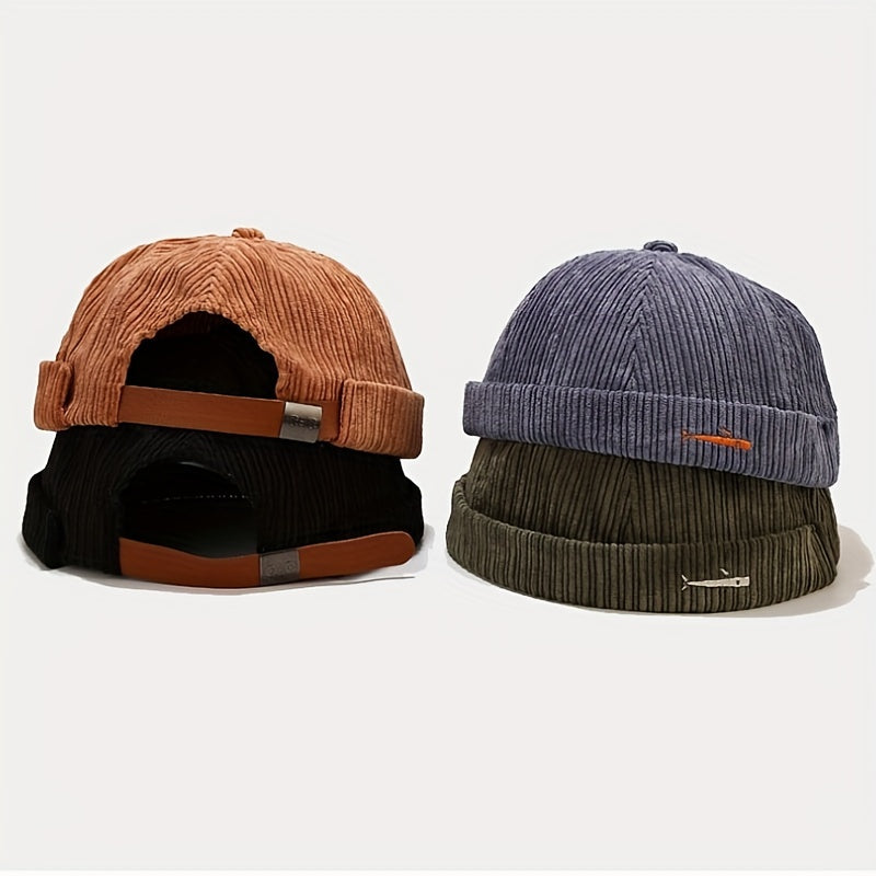 Cotton Brimless Beanie Cap Corduroy Sailor Hat Small Fish Pattern Unisex