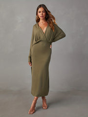  Solid Batwing Sleeve V Neck Bodycon Midi Dress
