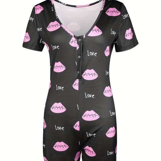 Lip & Letter Print Romper Jumpsuit V neck Button Romper Jumpsuit