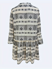  Geometric Print Boho Dress Bell Sleeve Mock Neck Smock Dre