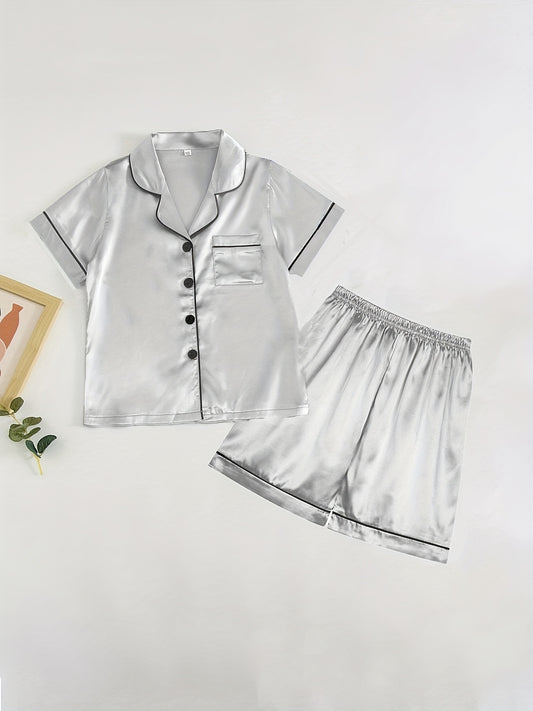 Kid's 2pcs Pajamas Short Sleeve Top & Shorts Set Button Front Loungewear