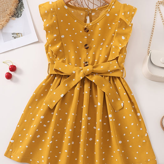 Girls Sleeveless Ruffles Button Polka Dot Belted Dress For Party
