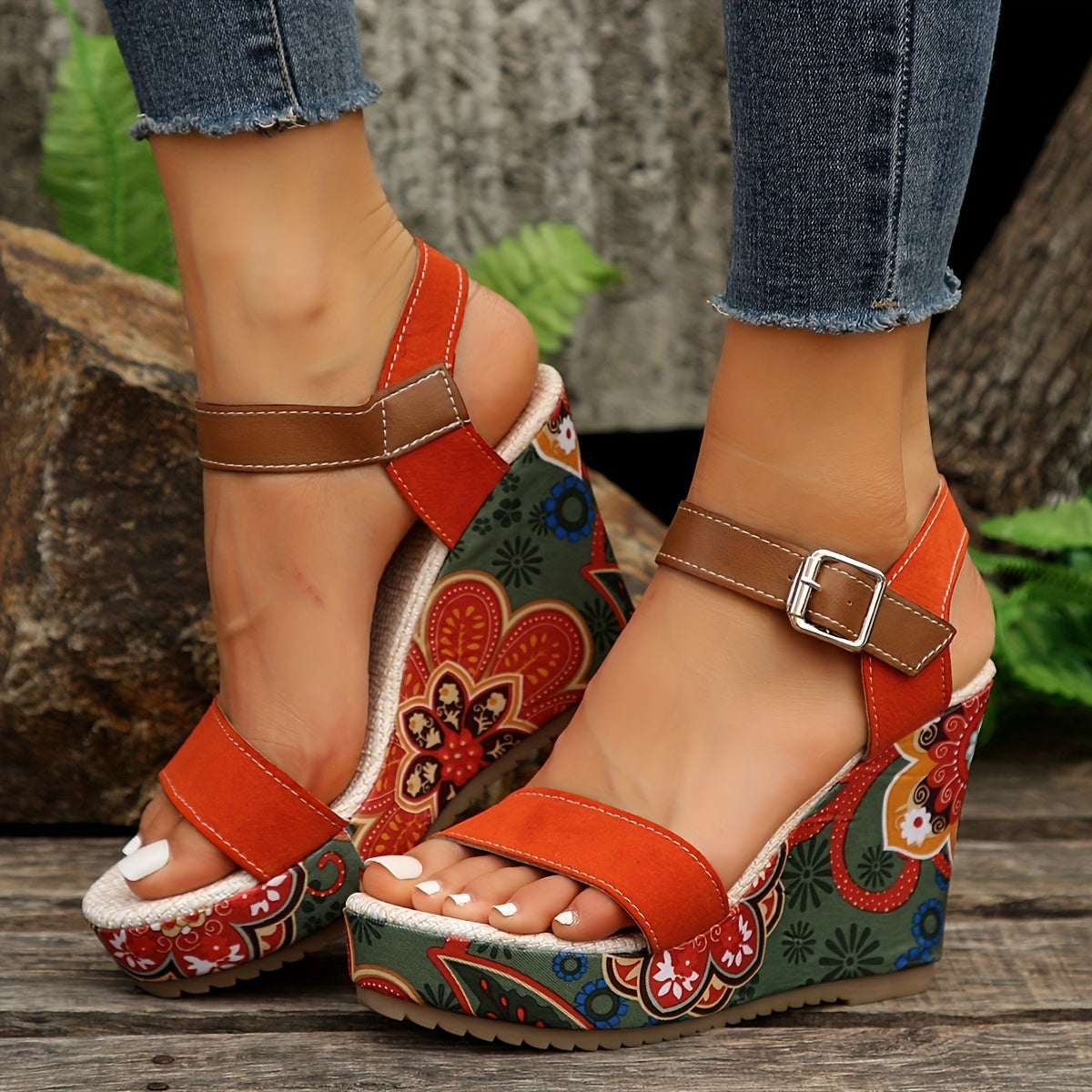 Women's Floral Print Wedge Sandals Colorful Open Toe Buckle Strap Heels