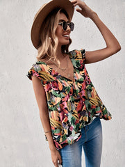 Ruffle Trim V Neck Top Cap Sleeve Casual