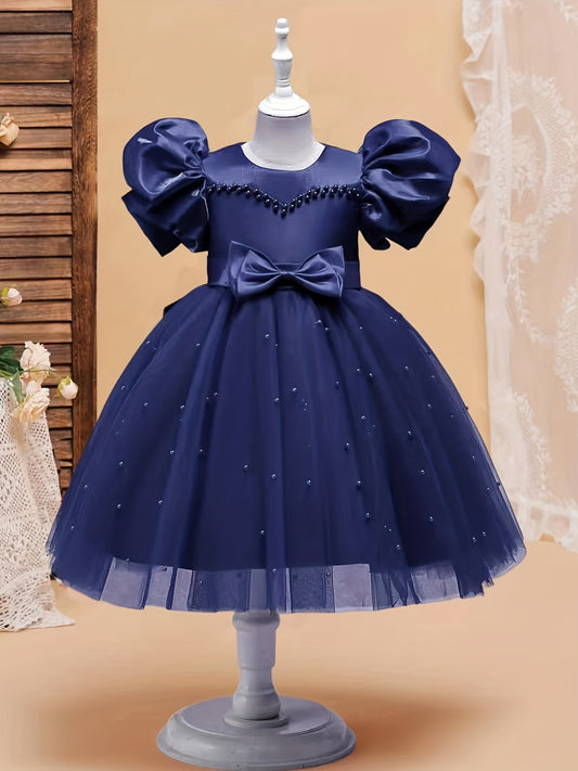 Girls Beaded Details Bubble Sleeve Party Gown Dress