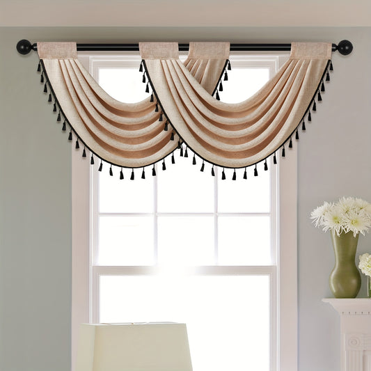 European Style Linen Valance with Fringe Beaded Edge - Rod Pocket Curtain