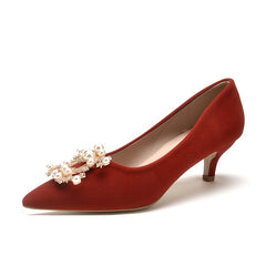 Red Faux Pearl Low Heel Wedding Dress Shoes