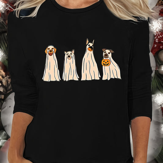 Dog Print Lounge Top Long Sleeve Crew Neck Women's Sleepwear Pajama