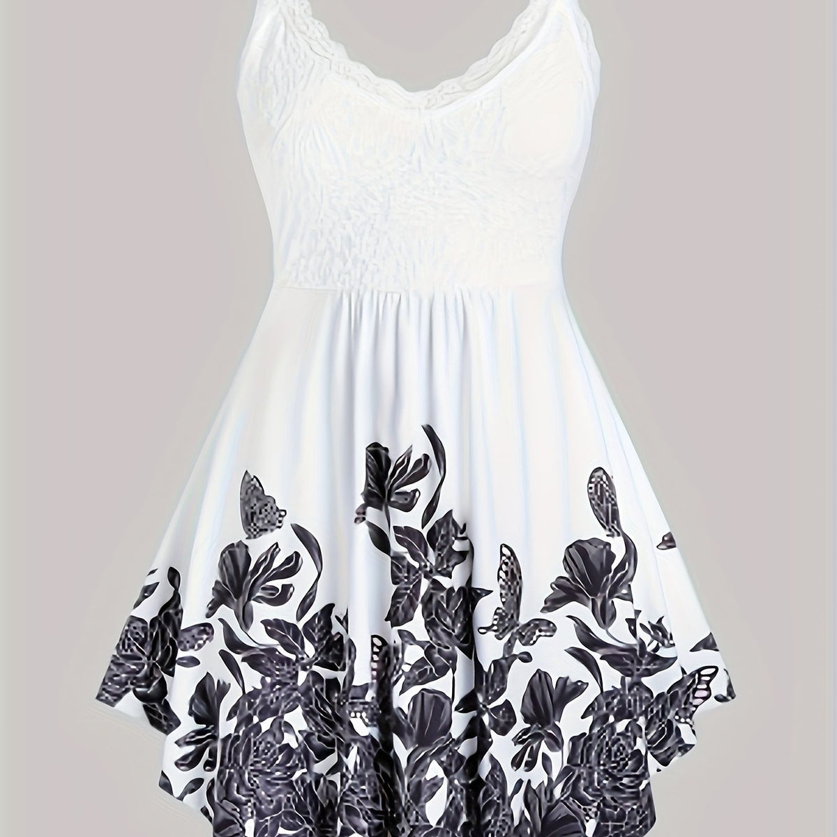 Floral Print Spaghetti Dress Sleeveless Ruched Lace Trim Casual Dress