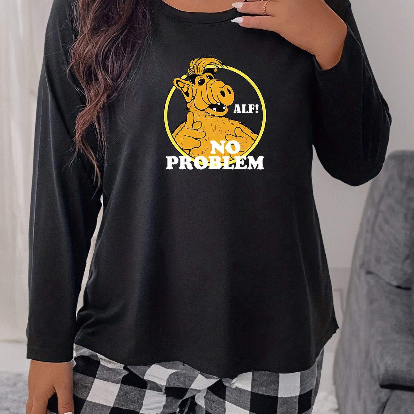  Funny Print Long Sleeve Round Neck Sleepwear Top
