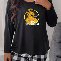  Funny Print Long Sleeve Round Neck Sleepwear Top