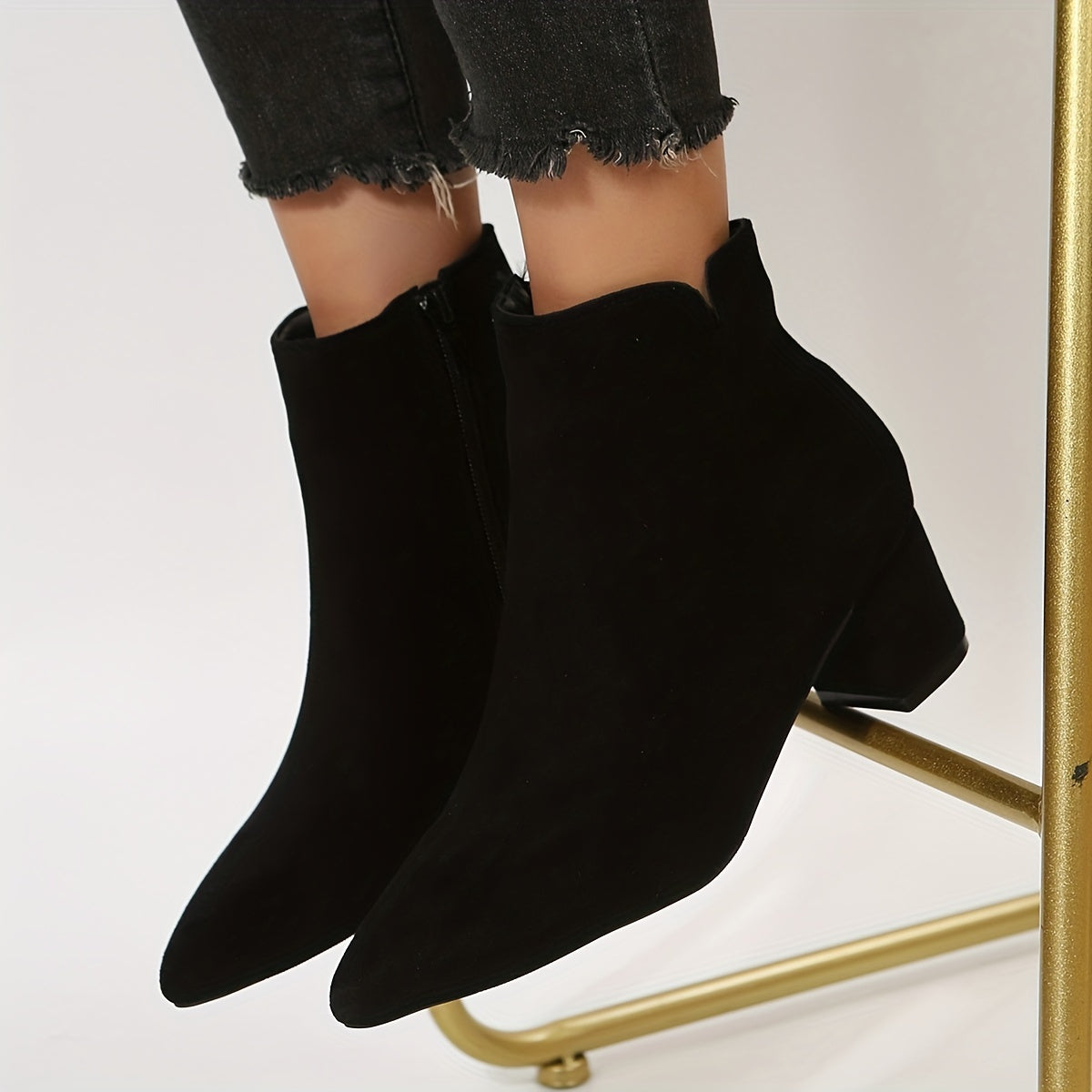 Solid Chunky Heel Short Boots Point Toe Side Zipper Dress Ankle Boots