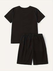 Boy's Happy Face Print T-shirt & Drawstring Shorts Set